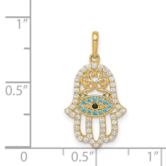 14K Yellow Gold Multi-colored CZ Hamsa Hand of God Charm Necklace Pendant - Picture 3 of 3